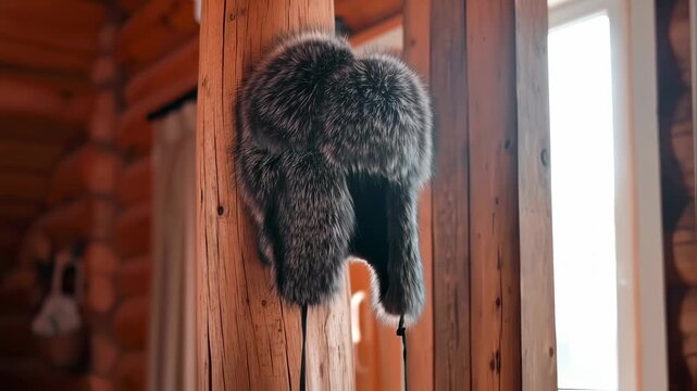 A warm fur hat hanging on a wooden beam in a cabin.