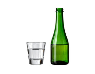 Traditional Korean Soju Bottle with Ceramic Cup, Front View, Isolated on Transparent Background