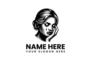 Elegant monochrome portrait of a sorrowful woman, her hand gently supporting a tear-streaked face, an emotive vintage-style illustration perfect for symbolic branding and artistic projects
