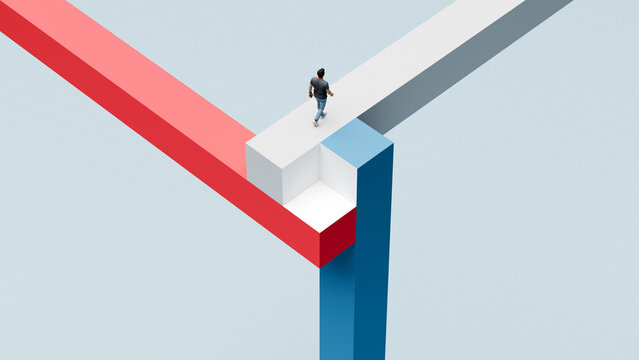 Man walking across impossible colorful paths, navigating complex choices, paradox decisions, direction, life, business - 3d render