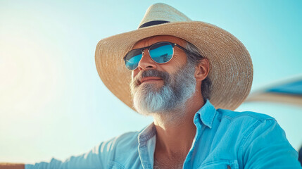Close-up of stylish senior man with salt-and-pepper beard, wearing straw hat and mirrored sunglasses, enjoying bright sunny outdoor day with serene expression