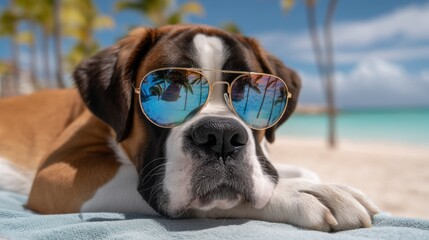 Saint Bernard dog relaxing on a beach towel in stylish sunglasses during a sunny day at the beach