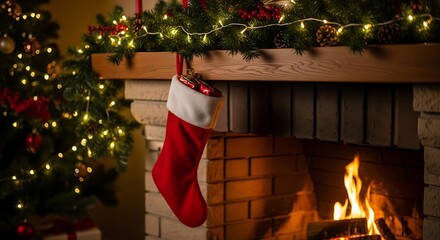 Christmas stocking hanging over a fireplace with a decorated tree and lights nearby