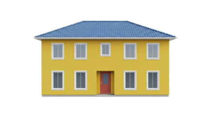 Isolated residential building, yellow house with blue roof, symmetrical design, cozy family home