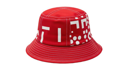 Isolated red bucket hat with white graphic patterns for casual style, modern fashion accessory