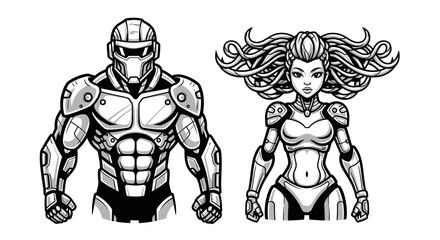 Illustration of a male and female superhero in futuristic armor, standing side by side.