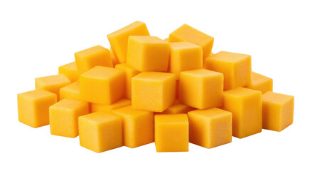 Isolated pile of cheese cubes, delicious dairy snack food in bright yellow color tones