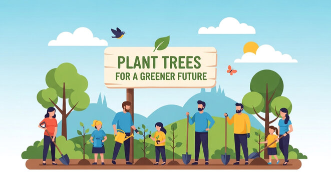 Group of people planting trees together for a greener future, promoting environmental conservation and sustainability in a community garden on a sunny day