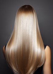 Naklejka premium Blonde woman showing long straight healthy hair on dark background