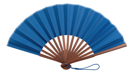 Isolated blue folded hand fan made from paper with wooden spokes held together by a rivet