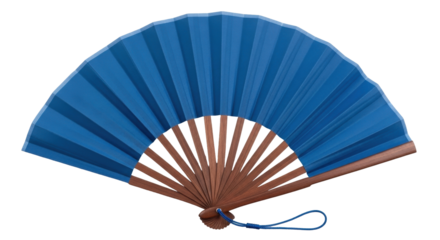 Isolated blue folded hand fan made from paper with wooden spokes held together by a rivet
