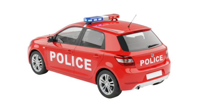 Isolated red police car with emergency lighting on top, providing security and law enforcement