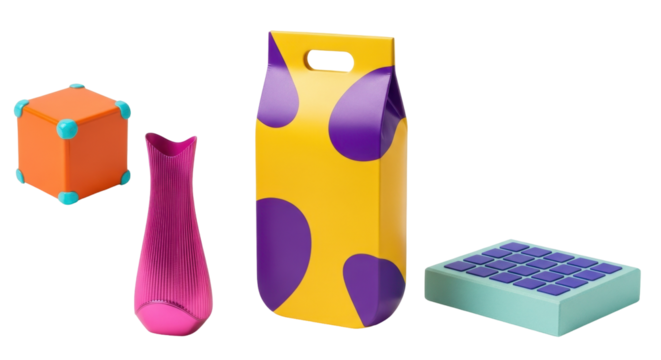 Isolated fun objects, studio shot – cube, vase, gift bag, and rectangular block of teal and purple