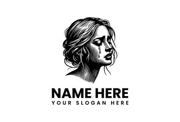Black and white illustration of a crying woman with tear streaks on her face, perfect for a logo or design element