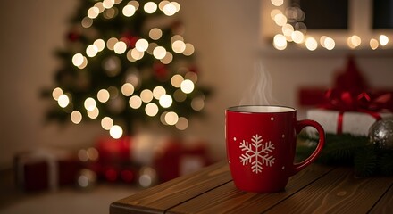 A steaming mug of hot cocoa sits on a wooden table with a christmas tree in the background