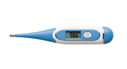 Isolated digital thermometer showing 98.6 degrees Celsius indicating fever or normal body temperature