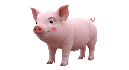 Isolated baby pig animal cartoon character stands smiling with its tail curled up behind it