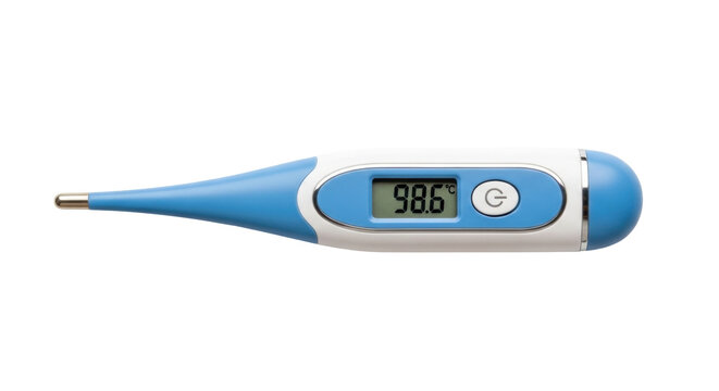 Isolated digital thermometer showing 98.6 degrees Celsius indicating fever or normal body temperature