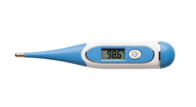 Isolated digital thermometer showing 98.6 degrees Celsius indicating fever or normal body temperature