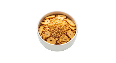 Isolated bowl of fried garlic and minced garlic chips in bowl, delicious garnish