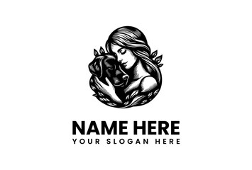 Logo featuring a serene woman embracing her loyal dog, surrounded by organic leaf elements, perfect for pet-related businesses and brands