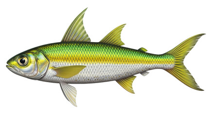 Isolated illustration of a ladyfish, bonefish predator with unique color scales, yellow fins