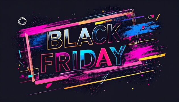 Bold "Black Friday" text with vibrant colors and abstract design elements on a dark background.