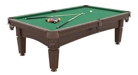 Isolated pool table equipment with cue sticks and billiard balls for playing snooker