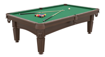 Isolated pool table equipment with cue sticks and billiard balls for playing snooker