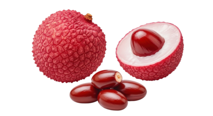 Isolated, fresh lychee fruit, cut and whole, ripe, close-up view, tropical, healthy snack