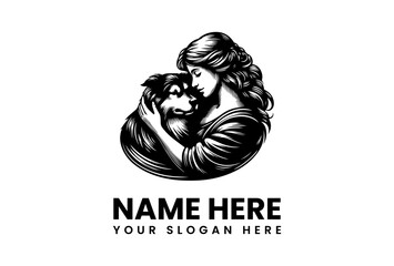 Classic emblem illustration of a beautiful woman affectionately hugging her beloved pet dog, an isolated vector graphic for a business logo