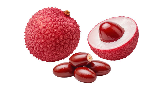 Isolated, fresh lychee fruit, cut and whole, ripe, close-up view, tropical, healthy snack