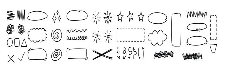 Set of purple hand drawn doodles, abstract signs and symbols and different drawings. Vector illustration, design element group.