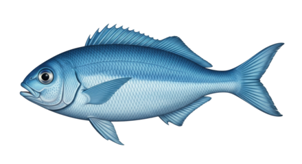 Isolated illustration of a blue fish with scales and detailed fins, aquatic marine animal