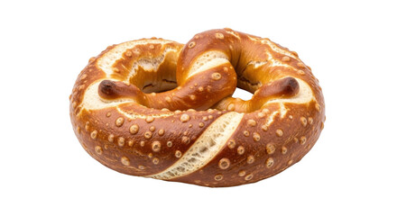 Isolated golden brown baked pretzel with dots, knotted shape on a clear surface view