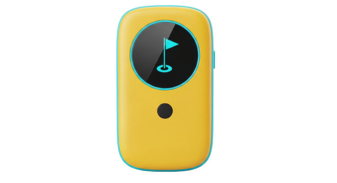 Isolated yellow digital pocket device with screen golf flag icon for sport or hobby