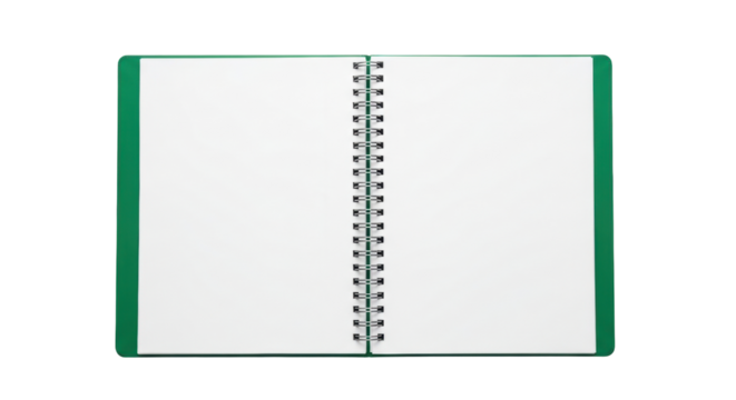 Isolated open notebook with green cover and blank pages ready for text or graphics use