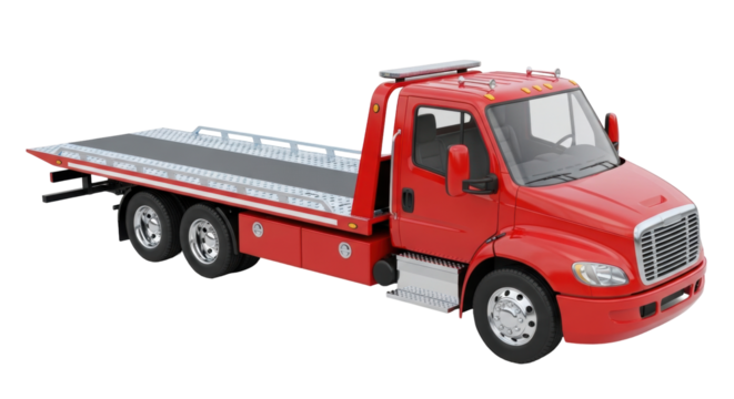 Isolated red flatbed tow truck on seamless background, vehicle for car recovery service