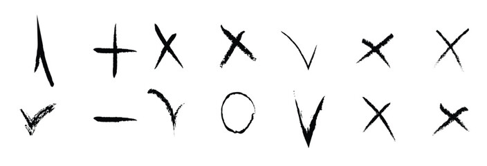 Set of red green check marks doodle icons with brush strokes styles. Grainy, grungy, dusty, rusty, or dirty textured symbol. Yes or no sign. Hand drawn graffiti elements for checkbox