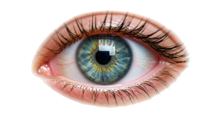 Isolated, extreme close-up of a human eye, showing detailed iris and long eyelashes