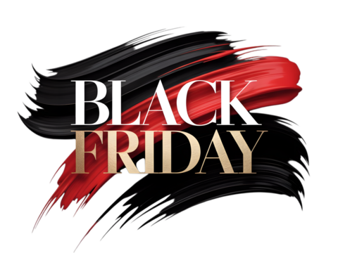 Black friday text with red and black brush strokes isolated on transparent background