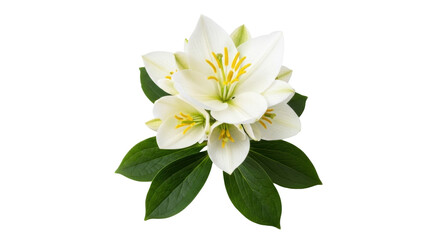 Isolated fragrant cluster of white flowers, floral arrangement with green leaves, beautiful bloom