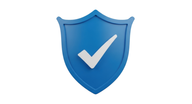 Isolated blue shield with white checkmark, assurance of safe business, protection symbol