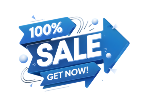 Blue sale arrow with 100 percent text isolated on transparent background