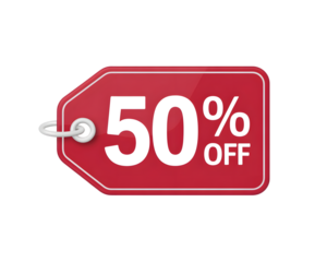 Red tag with 50 off sale isolated on transparent background