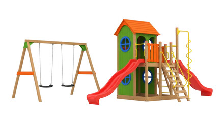 Isolated colorful playground equipment set, swings and climbing structure, for kids