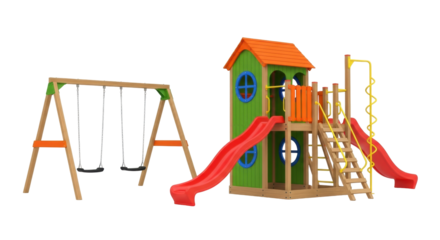 Isolated colorful playground equipment set, swings and climbing structure, for kids