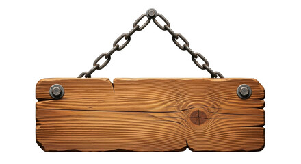 Naklejka premium Isolated aged wooden plank sign hanging from rustic iron chain fixture mockup template