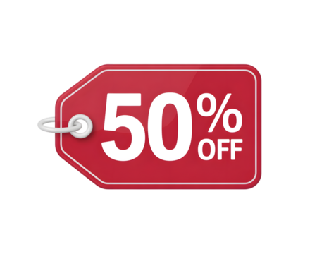 Red tag with 50 off sale isolated on transparent background