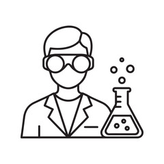 Chemist linear icon. Scientist with safety goggles holding a chemical flask for a laboratory experiment..
